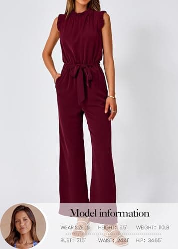 KIRUNDO Jumpsuits For Women Dressy Summer One Piece Sleeveless Ruffle Mock Neck Belt Pockets Formal Wide Leg Pants Romper(Wine Red, Large) - Thumbnail 2