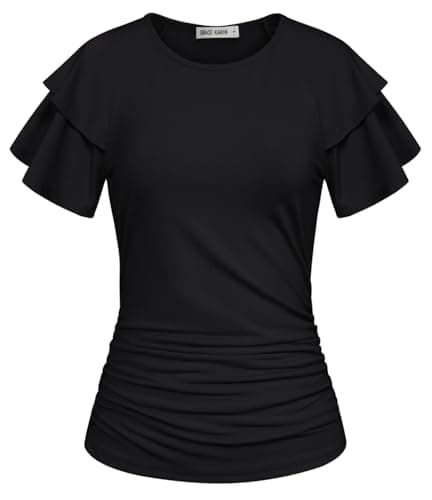 GRACE KARIN Summer Tops for Women Dressy Casual, Ruffle Short Sleeve Work Shirt, 2026 Spring Blouses Black X-Large - Image 1