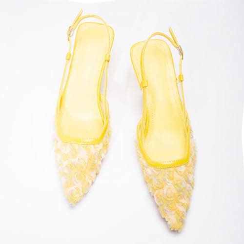 RUSAUISE Slingback Rose Flowers Kitten Heels Sandals for Women Pointed Close Toe Mesh Floral Low Heeled Buckle Strap Dressy Pump Shoes for Wedding Party Yellow Size 6.5 - Thumbnail 3