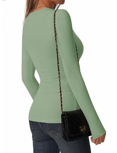 C.O.Z.Y Womens Long Sleeve Shirts Ribbed Crewneck Slim Fit Tops Casual Layering Basic Tee T-Shirt Trendy Outfits LightGreen - Thumbnail 3