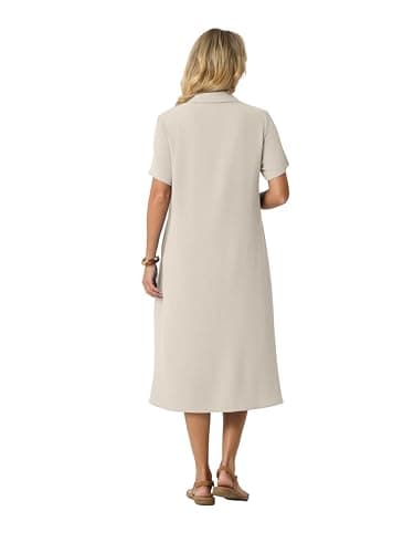 HiMONE Women’s Button Down Shirt Dress Casual Midi Dress Short Sleeve Collared Loose Fit Summer Vacation Dress with Pocket - Thumbnail 5