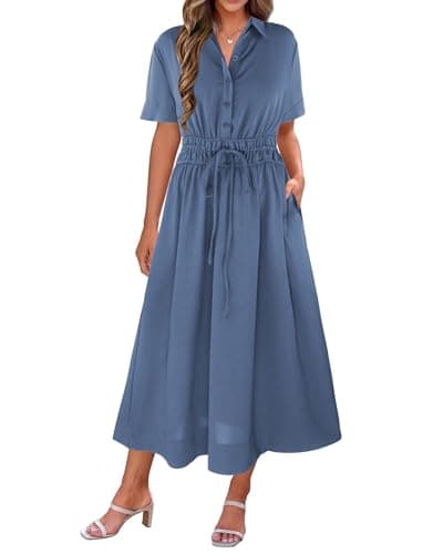 ECOWISH Womens Midi Dress Summer Casual A Line Maxi Shirt Dresses Spring Short Sleeve Button Front V Neck Pockets Work Dress Gray Blue Large - Image 1