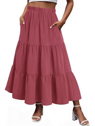 Magritta Women's Maxi Dress with Ruffle Hem Elastic Waist A Line Tiered Layer Boho Style Rose Red Large - Image 1
