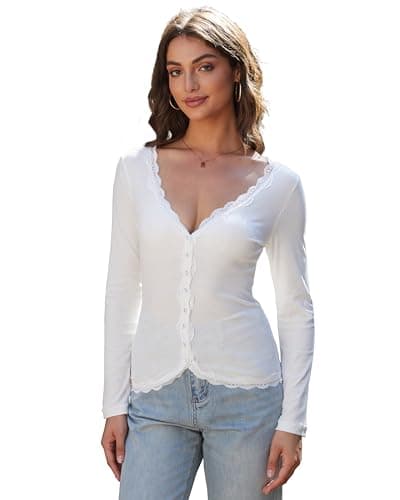 Homepeaz Cardigan for Women Cropped Lightweight V Neck Ribbed Knit Going Out Tops Button Down Shirts Lace Trimmed Semi-Sheer Long Sleeve Tops Fitted Basic Layer Gifts White - Image 1