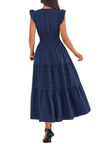 BTFBM Womens Summer Maxi Dress 2026 Spring Boho Vacation Ruffle Flutter Short Sleeve A Line Tiered Flowy Dresses Pockets(Navy Blue, Medium) - Thumbnail 3