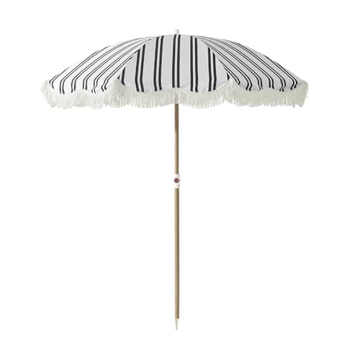 DEER LAND 6FT Stripe Fringe Beach Umbrella for Sand with Sand Anchor, UPF 50+ Sun Shade with Tassels, Adjustable Tilt Pole, Portable Coastal Umbrella for Beach & Pool, Heritage Black Stripe - Image 1