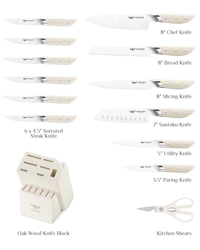 Haugo Kitchen Knife Set with Block: 14-Piece German Stainless Steel Full Tang Professional Knife - Comfortable Grip Reduces Hand Fatigue 30% - Dishwasher Safe & Sharpener - White Knife Set for Cooking - Thumbnail 2