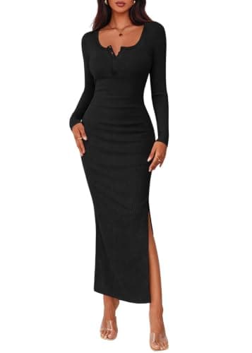Lazysmile Women's 2026 Fall Long Sleeve Bodycon Maxi Dress Crew Neck Button Down Side Slit Knit Casual Dresses Black - Image 1