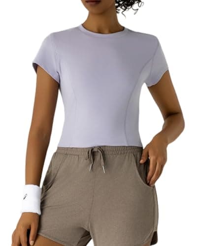 Leapstride Workout Tops for Women Athletic Tops Short Sleeve Shirts-Cropped Slim Fit Gym Running Yoga T Shirts Lavender Blue - Thumbnail 3