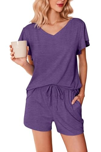 Ekouaer Women's Pajamas Set Ruffle Sleeves Sleepwear V Neck Comfy 2 Piece Pjs Loungewear Set,Medium,Purple,1 - Image 1