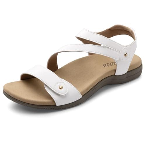 Rihero Orthopedic Sandals for Women Arch Support Comfortable Flat Sandals with Adjustable Strap for Summer Beach Walking White 5.5 - Image 1