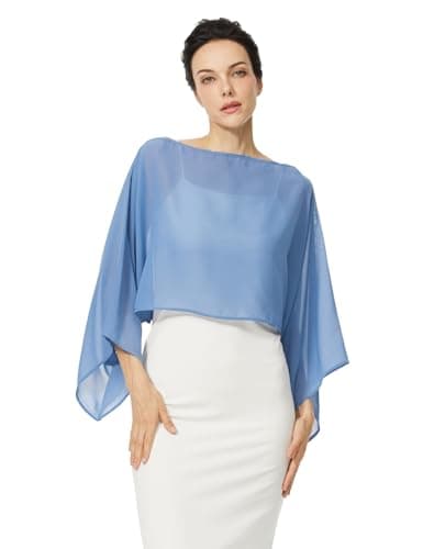 BEAUZSUZSANA Women Chiffon Bolero Cape Capelets with Arm Holes Shawls and Wraps for Evening Dress Bridal Wedding Party (Slate Blue,S-M) - Image 1