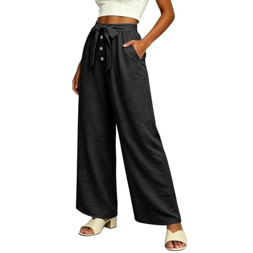 Linen Wide Leg Pants for Women, High Waisted Button Work Casual Flowy Tie Knot Trousers with Pockets, Lightweight Breathable Summer Vacation Beach Office Work Womens Palazzo Pants 2026BlackS - Thumbnail 6
