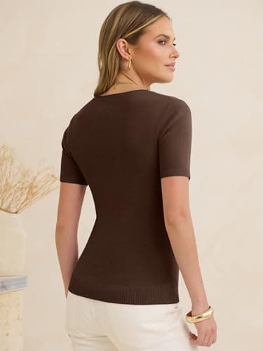 ANRABESS Womens Short Sleeve Sweaters Wool Blend Summer Scoop Neck Casual Business Knit Shirts Slim Fit Work Tops Outfits Chocolate Brown Small - Thumbnail 6