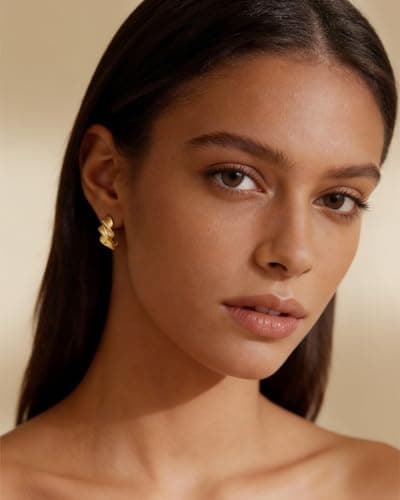 EYESHOCK Small Half Huggie Hoop Earrings for Women, Chunky Style 18K Gold Plated 925 Sterling Silver Post, Hypoallergenic Lightweight Twisted Honeycomb Texture Hoops - Thumbnail 2