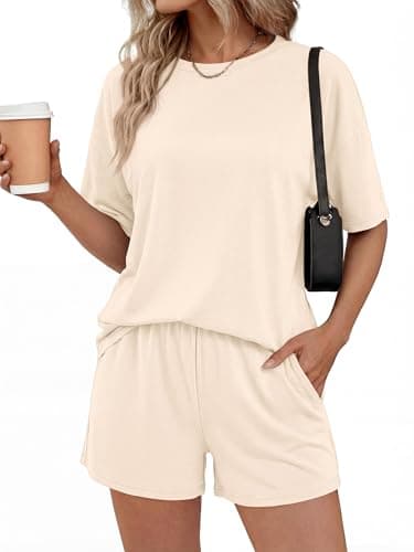 BTFBM 2 Piece Lounge Sets For Women 2026 Summer Airport Travel Vacation Outfits Loose Matching Clothing Spring Short Set(Beige, XX-Large) - Image 1