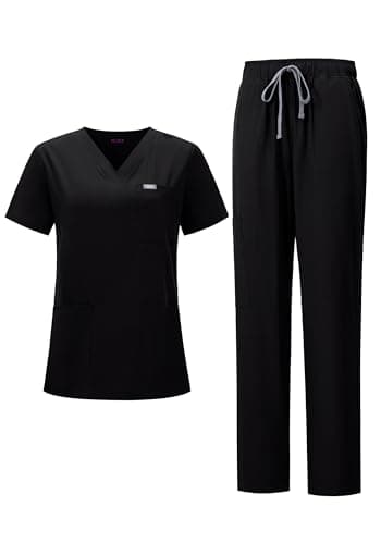 YEZEX Women's Scrub Set, V-Neck Top & Straight Leg Pants w/ 6 Pockets, Medical Scrubs Top & Pants
