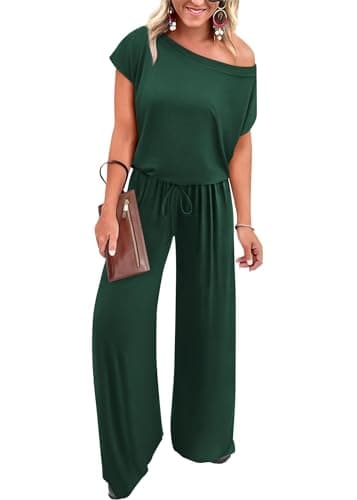 KIRUNDO Womens Jumpsuit 2026 Casual Summer Loose One Piece Off Shoulder Elastic Waist Wide Leg Long Romper with Pockets(Dark Green, Small) - Image 1