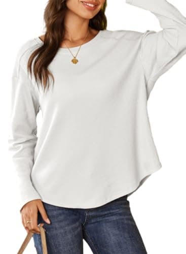 Dokotoo Women's Fashion Waffle Knit Tops Crew Neck Long Sleeve Oversized T Shirts Teacher Outfits Loose Fit Pullover Hoodie Tops Spring Outfits Plus Size,Medium White - Image 1