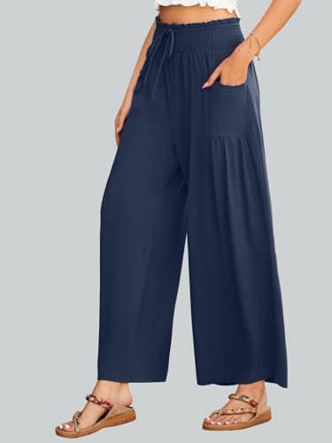 JUYUEO Linen Pants for Women 2026 Summer High Waisted Wide Leg Pants Casual Dressy Palazzo Beach Boho Pants Navy Blue XL - Thumbnail 4