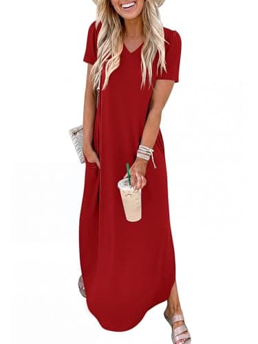ANRABESS Women’s Summer Maxi Dress V Neck Short Sleeve Slit Side Shirt Dress Loose Fit Travel Beach Dress with Pockets Red Large - Image 1
