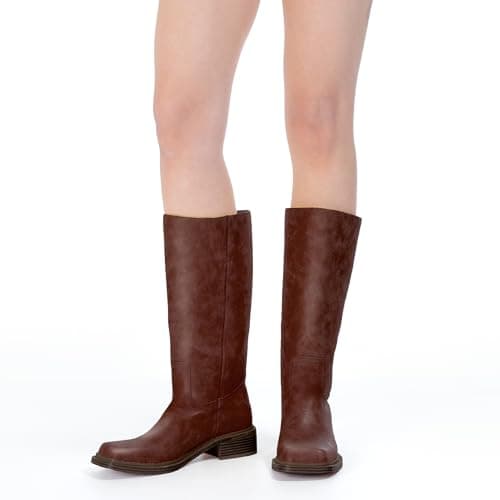 LeunDen Brown Banana Knee-High Boots for Women, Tall Riding Boots with Square Toe Low Chunky Heel Faux Leather Pull-On Campus Long Boots Size 10 - Thumbnail 2