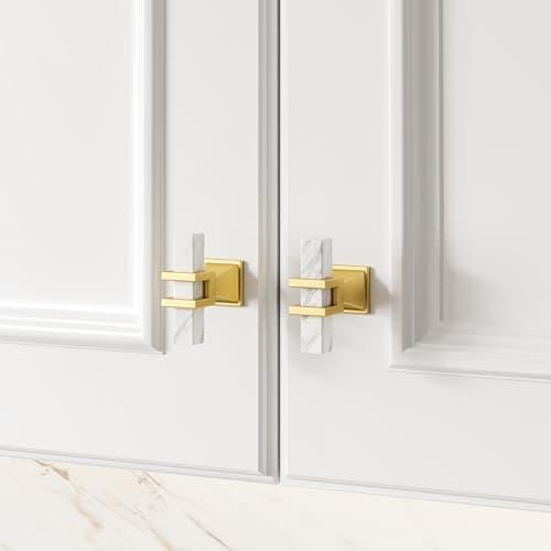 Haliwu 10 Pack White Marble Grain Cabinet Knobs, 2 Tone T-bar Gold Kitchen Handles, Solid Square Dresser and Drawer Pulls - Thumbnail 3