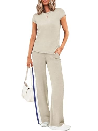 Casly Lamiit 2 Piece Sets for Women Summer Travel Sets Crew Neck Casual Pants Set Cap Sleeve Matching Sets Clothing Dark Beige L - Thumbnail 2