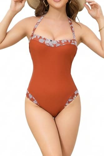 Womens Halter One Piece Swimsuits Tummy Control Bathing Suit Color Block Retro Slimming Monokini Jujube-Red Patterned M - Image 1