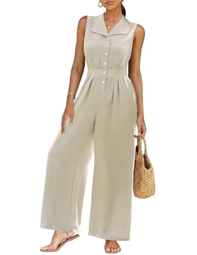 LOOKBOHO Women Office Jumpsuits Summer Casual Wide Leg Long Pants Sleeveless Elegant Outfits Formal Romper V Neck(AT,L) - Image 1