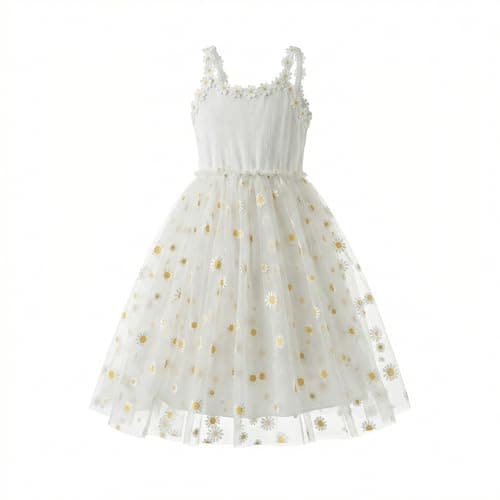 Toddler Girl White Daisy Dress Tulle Layered Easter Sundress Boutique Floral Party Outfit for Little Girls Summer Sleeveless 4-5T - Image 1