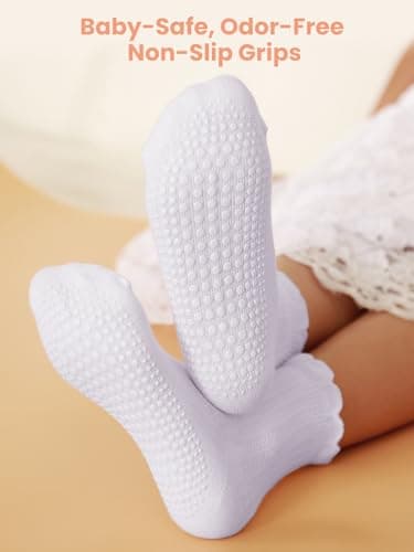 ALLOVIN 6 Pairs Non-Slip Ruffle Lace Socks for Baby & Toddler Girls – Soft Cotton Grip Socks | Pure White | 6-12 Months - Thumbnail 3