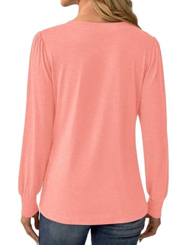 GKBK Women's Puff Long Sleeve Tunic V Neck Button Blouses Fall Tops Trendy Dressy Casual Business Henley Shirts Coral XL - Thumbnail 2