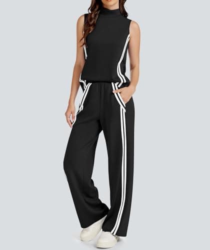 Casly Lamiit 2 Piece Lounge Set Women Travel Outfits Casual Tracksuit Jogging Sweat Activewear Mock Neck Sleeveless Top Long Pants Black S - Thumbnail 4