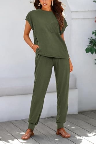 BTFBM 2 Piece Outfits for Women Summer Casual Short Sleeve Tops and Long Pants Lounge Sets Tracksuits(Solid Army Green,Medium) - Thumbnail 2