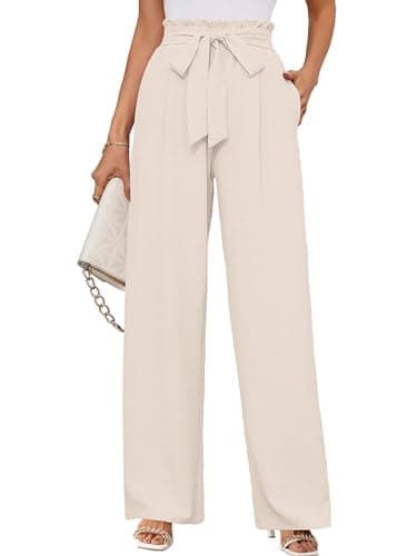 KORSIS Wide Leg Womens Pants Casul Lightweiht Waisted Adjustable Tie Knot Loose Comfy Casual Trousers with Pockets Ivory S - Image 1