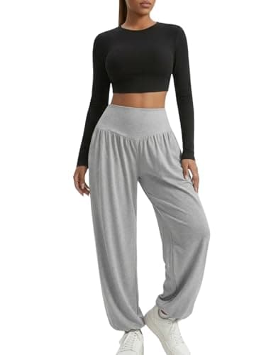 gaimoliso Womens Baggy Wide Leg Pants Plus Size Casual Loose Elastic Waisted Comfy Harem Pants with Pockets Grey - Image 1