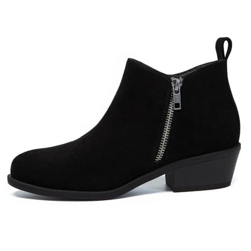 Athlefit Women's Chunky Ankle Boots Low Heel Comfortable Short Boots Round Toe Fahsion Black Suede Booties Size 7.5 - Thumbnail 3