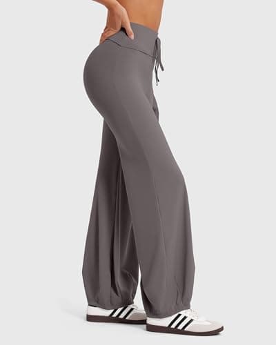 MOOSLOVER Women Bubble Yoga Pants Drawstring Fold Over Flare Leggings Pilates Casual Lounge Pant(XL,Grey) - Thumbnail 2