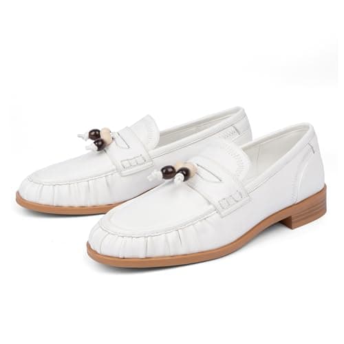 VIUGJNEX Flats Shoes Women Dressy Comfortable White Penny Loafers for Women Ruched Toe Womens Moccasins Beaded Slip on Leather Loafers Womens Office Cusal Walking Shoes Size 6.5 - Thumbnail 4
