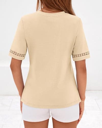 BTFBM Short Sleeve Shirts for Women 2026 Lace Summer Tops Spring Casual Loose Crew Neck T-Shirt Cute Vacation Outfits(Apricot, Small) - Thumbnail 3