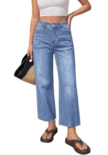 BTFBM Jeans for Women 2026 Summer High Waisted Button Straight Leg Stretchy Cropped Raw Hem Trendy Denim Pants Pockets(Light Blue, 6) - Image 1