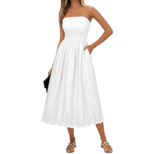 Lazysmile Summer Boho Maxi Dress for Women Strapless Tube Top Lace Trim A Line Beach Casual Long Dress White - Image 1