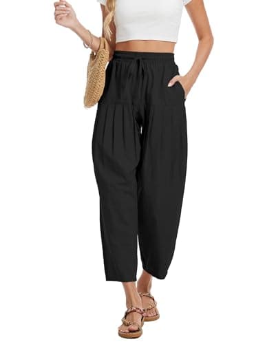 DAOAO Cotton Linen Barrel Pants Women Wide Leg Hippie Boho Casual Loose Harem Pants Pleated Pull On Elastic Waist Black S - Thumbnail 5