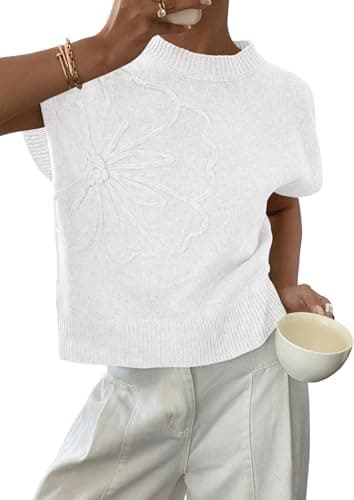 PRETTYGARDEN Women's 2026 Spring Sweater Vest Trendy Flower Knit Short Sleeve Cute Pullover Tank Tops Summer Fashion Clothing (White,XX-Large) - Image 1