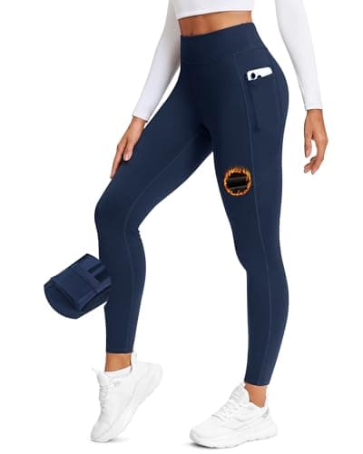 Stelle Women's Fleece Lined Leggings 27'' Thermal Winter Warm High Waisted Workout Yoga Pants with Pocket (Navy,M) - Image 1