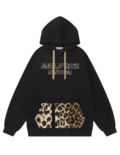Aelfric Eden Oversized Hoodies Womens Leopard Letter Print Hoodie Fall Y2k Hooded Sweatshirts With Pocket Black X-Large