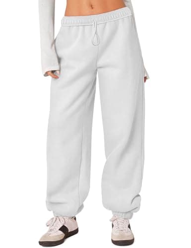 HeSaYep Women's Fleece Lined Sweatpants Thermal Winter High Waisted Sweat Pants Interior Drawstring Baggy Athletic Joggers Pants with Pockets White L - Image 1