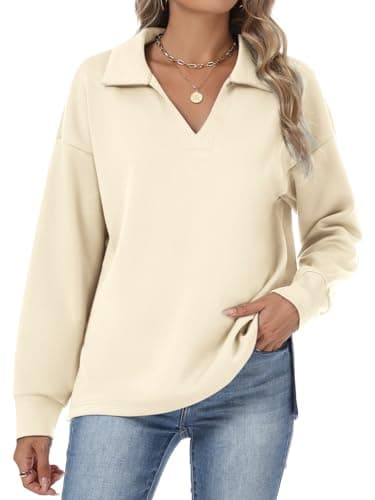 Lallabai Womens Sweatshirts Airlayer Tunic Tops Long Sleeve Hoodies V Neck Loose Pullover Sweaters 2026 Fall Fashion Outfits Apricot - Image 1