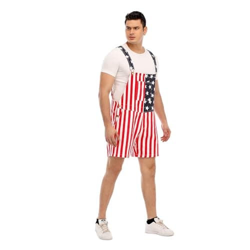 HEYSCRINT American Flag Denim Bib Overalls Patriotic Rompers Shorts Summer Holiday Jumpsuit Costume Outfit Mens & Womens (F02-M - Thumbnail 5